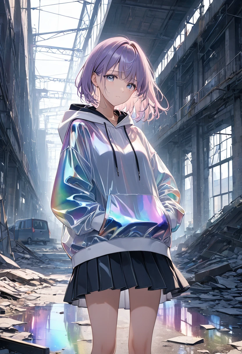 anime、((Amazingly absurd)),(masterpiece:1.2),超High resolution, Attention to detail, high quality, High resolution, 最high quality, 4K, 8k、Woman made of glass,transparentの体,Wearing clothes,hoodie,skirt,transparent,Light reflects,Standing among the ruins of a factory,Iridescent eyes,Sad face,tears,Iridescent glass,こぼれ落ちるtears,Sadness,Fleeting Feelings