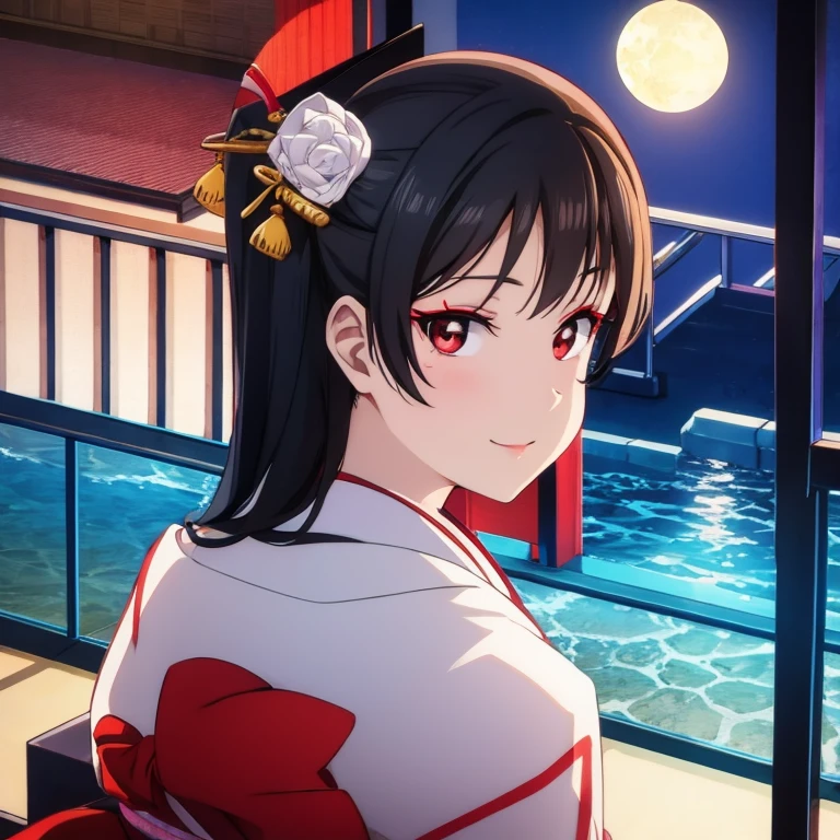 Geisha, geisha make up, light smile, red lips, kimono, red eyeshadow, black hair, black eyes, sit on tatami, looking at viewer, night, moonlight, 