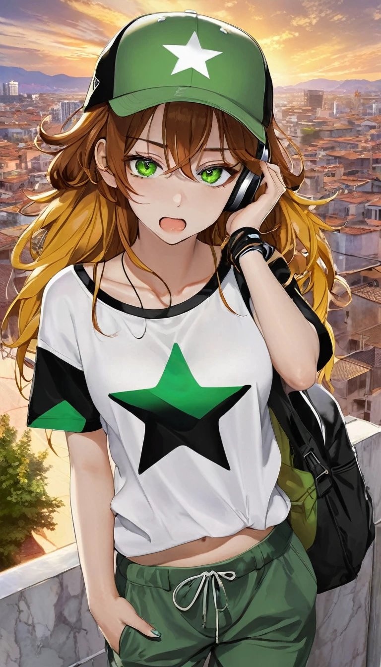 cute woman, psychopathic facial expression, loose fashion (baggy green and white shoulderless T-shirts layered on top of each other, white and green baseball cap worn diagonally and low to cover one eye, baggy azuki-brown pants, sandals, black bra straps, black wristbands), big yellow star pendant, yellow headphones around her neck, striking beautiful eyes, glossy silky brown orange messy hair, amorous and lewd expression, perfect proportions, background swirling pastel marble pattern, cityscape, delicate and dynamic textures, contrasts of light and shadow, 2.5D, artistic photography, hyper realistic, digital graphic CG, ultra detailed, absolutely resolution, best quality