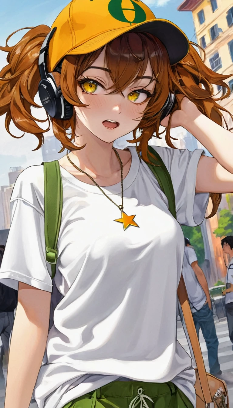 cute woman, psychopathic facial expression, loose fashion (baggy green and white shoulderless T-shirts layered on top of each other, white and green baseball cap worn diagonally and low to cover one eye, baggy azuki-brown pants, sandals, black bra straps, black wristbands), big yellow star pendant, yellow headphones around her neck, striking beautiful eyes, glossy silky brown orange messy hair, amorous and lewd expression, perfect proportions, background swirling pastel marble pattern, cityscape, delicate and dynamic textures, contrasts of light and shadow, 2.5D, artistic photography, hyper realistic, digital graphic CG, ultra detailed, absolutely resolution, best quality