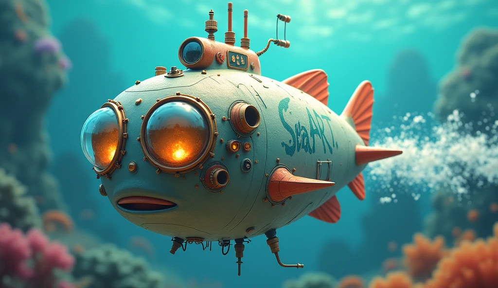 The futuristic high-end submarine is in the round ball shape of a pufferfish, its eyes are like large clear bright glass windows, on its fins there are antennas and submarine binoculars in ocean, there is ((logo of SeaArt on its body)), swimming in speed, speed motion blur, bubbles, 3D, realistic, as art mascot, depth of field, seaart logo, sea garden underneath, ((add photo frames and paintings on the canvas scattered below)), vibrant colors, uhd, hdr, 8k, rembrandt lighting