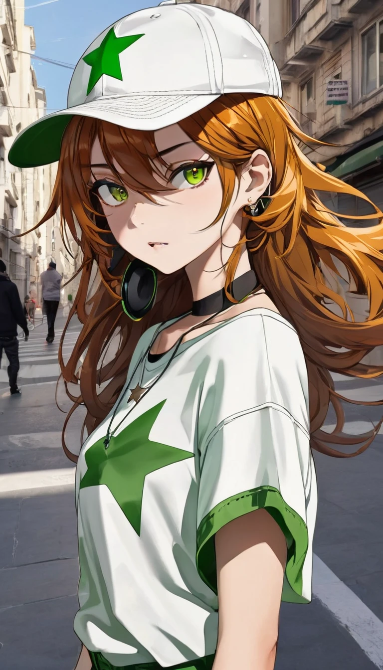 cute woman, psychopathic facial expression, loose fashion (baggy green and white shoulderless T-shirts layered on top of each other, white and green baseball cap worn diagonally and low to cover one eye, baggy azuki-brown pants, sandals, black bra straps, black wristbands), big yellow star pendant, yellow headphones around her neck, striking beautiful eyes, glossy silky brown orange messy hair, amorous and lewd expression, perfect proportions, background swirling pastel marble pattern, cityscape, delicate and dynamic textures, contrasts of light and shadow, 2.5D, artistic photography, hyper realistic, digital graphic CG, ultra detailed, absolutely resolution, best quality