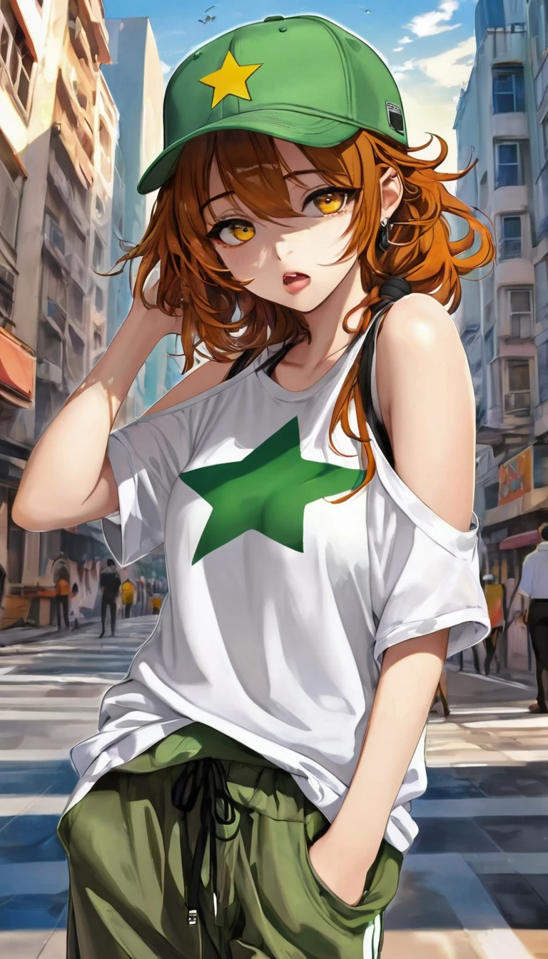 cute woman, psychopathic facial expression, loose fashion (baggy green and white shoulderless T-shirts layered on top of each other, white and green baseball cap worn diagonally and low to cover one eye, baggy azuki-brown pants, sandals, black bra straps, black wristbands), big yellow star pendant, yellow headphones around her neck, striking beautiful eyes, glossy silky brown orange messy hair, amorous and lewd expression, perfect proportions, background swirling pastel marble pattern, cityscape, delicate and dynamic textures, contrasts of light and shadow, 2.5D, artistic photography, hyper realistic, digital graphic CG, ultra detailed, absolutely resolution, best quality