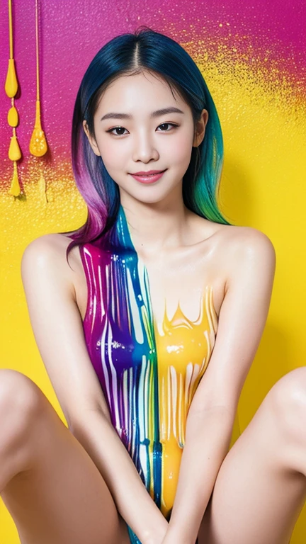 masterpiece, highest quality, High resolution), White Background, ((Large Breasts:1.2)),((Paint splashes, Color Splash, Ink splash, Color Splash)), beautiful日本の女の子, beautiful, Magical blue eyes,Rainbow Hair, Pink Lips, Smooth and soft skin,front, Upper Body