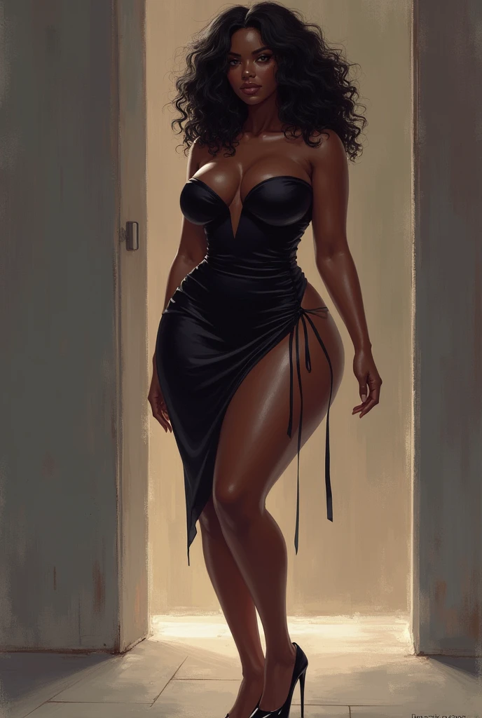 1girl, dark skin, tight white dress, big ass, gigantic chest, neckline, seductive face, long curly hair, full body, realistic, best quality, richness of details, professional lighting, rear view