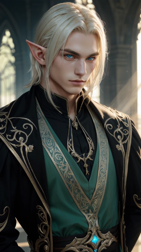 Beautiful young male elf, long platinum blonde hair, UHD, Super detailliert, Beste Qualität, Genau, fair complexion, delicate facial features, demonic Ruby-red glowing pupils 