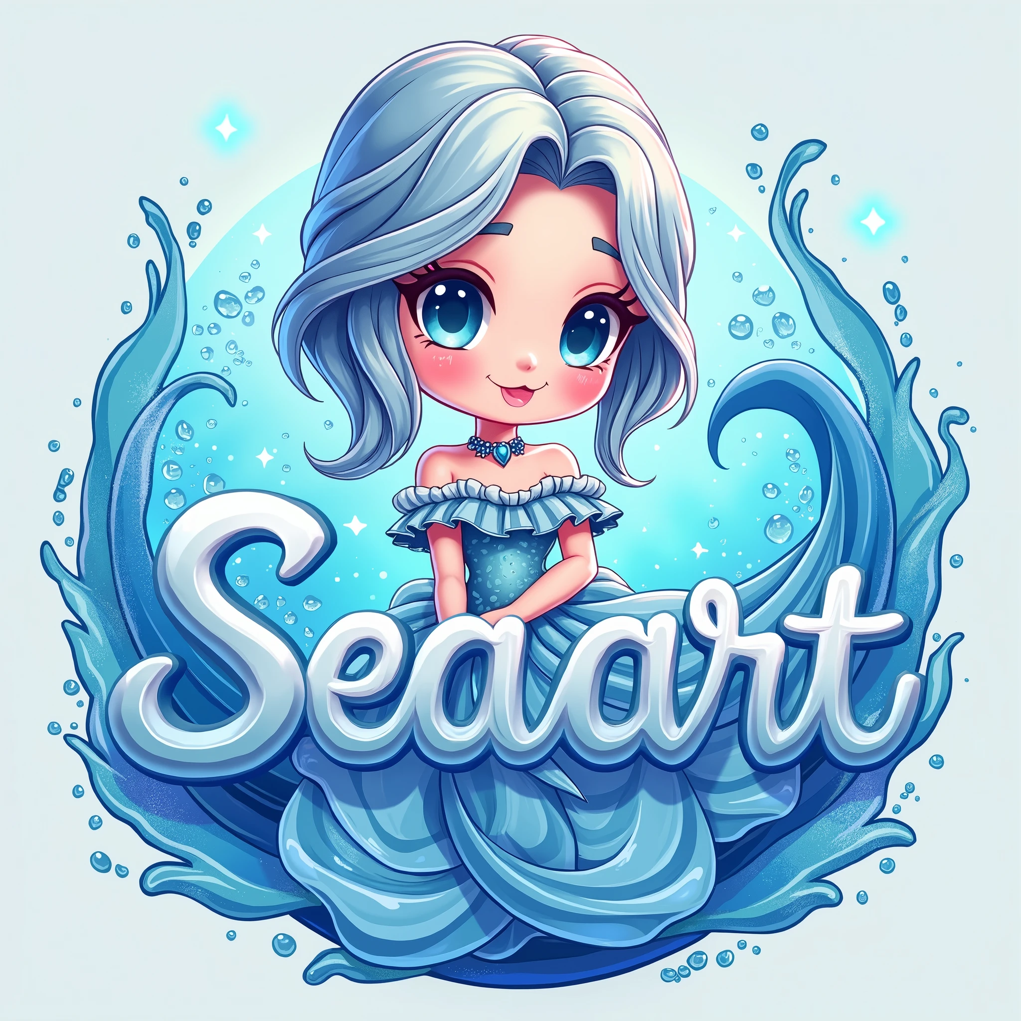 Imagine a vibrant typography poster featuring a pin-up style Undine, designed to be cute but clearly a young adult, integrated with the dynamic Seaart logo, visualized as flowing water. The Seaart logo is fluid and bold, with twisting, animated waves that sparkle with bright, magical highlights.

Undine has a cute, yet mature pin-up design. Her silver-blue hair is styled in soft, playful waves that frame her face, giving her a youthful but refined look. Her outfit is cute but age-appropriate—a flowing, fantasy-inspired dress with ruffled layers and water-like patterns, featuring modest coverage while still playful and flirty. The design evokes a sense of elegance and charm, avoiding any childish elements, while her body language conveys confidence and grace typical of a young adult. She has large, expressive eyes and a friendly, inviting smile, striking a dynamic pose that adds to her mascot-like appeal without exaggerating any youthful features.

A futuristic anime-inspired typography, with slight ripple effects to match the water theme. A cool palette of blues, silvers, and teals, with vibrant highlights, adds energy and freshness to the composition.

This design combines Undine’s cute, approachable charm with a clear sense of maturity, blending seamlessly with the fluid, modern Seaart logo, emphasizing limitless creativity and A.I.-driven imagination.