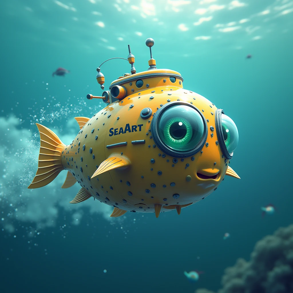 The futuristic high-end submarine is in the round ball shape of a pufferfish, its eyes are like large clear bright glass windows, on its fins there are antennas and submarine binoculars in ocean, there is ((logo of SeaArt on its body)), swimming in speed, speed motion blur, bubbles, 3D, realistic, as art mascot, depth of field, seaart logo, sea garden underneath, ((add photo frames and paintings on the canvas scattered below)), vibrant colors, uhd, hdr, 8k, rembrandt lighting