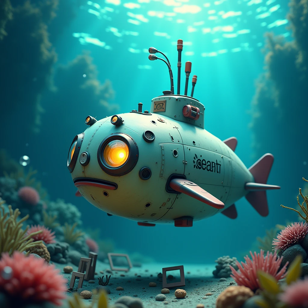 The futuristic high-end submarine is in the round ball shape of a pufferfish, its eyes are like large clear bright glass windows, on its fins there are antennas and submarine binoculars in ocean, there is ((logo of SeaArt on its body)), swimming in speed, speed motion blur, bubbles, 3D, realistic, as art mascot, depth of field, seaart logo, sea garden underneath, ((add photo frames and paintings on the canvas scattered below)), vibrant colors, uhd, hdr, 8k, rembrandt lighting