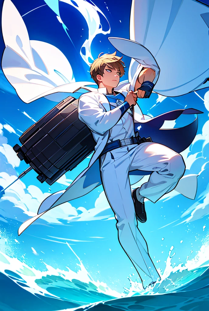 A superhero man in white clothes, with blue details, that has a cannon that releases wind from its arm 