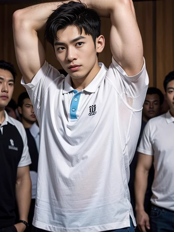 shirt, arms above head, focus on armpits, man, beautiful muscles, Asian men, polo, crowded