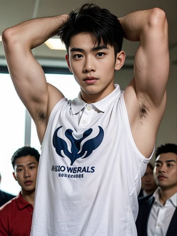 shirt, arms above head, focus on armpits, man, beautiful muscles, Asian men, polo, crowded