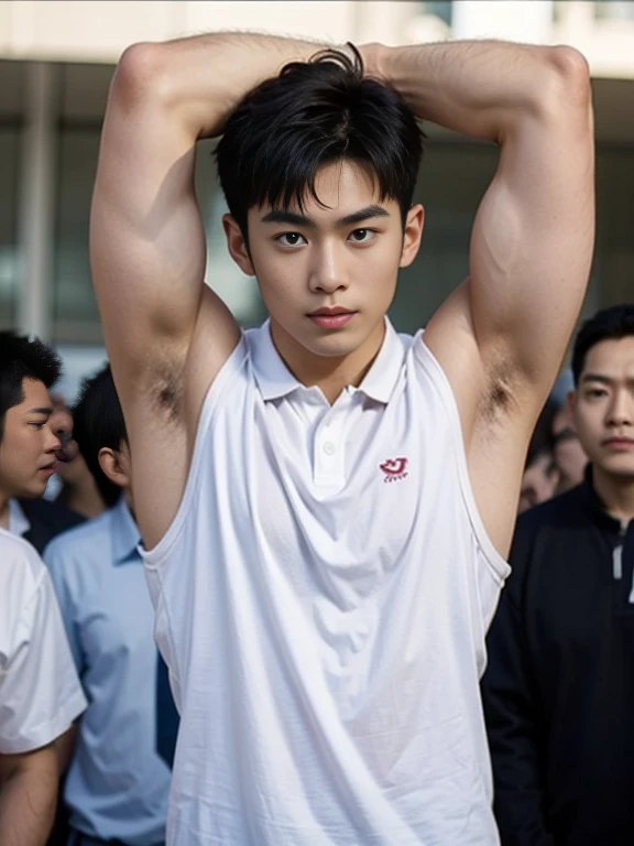 shirt, arms above head, focus on armpits, man, beautiful muscles, Asian men, polo, crowded