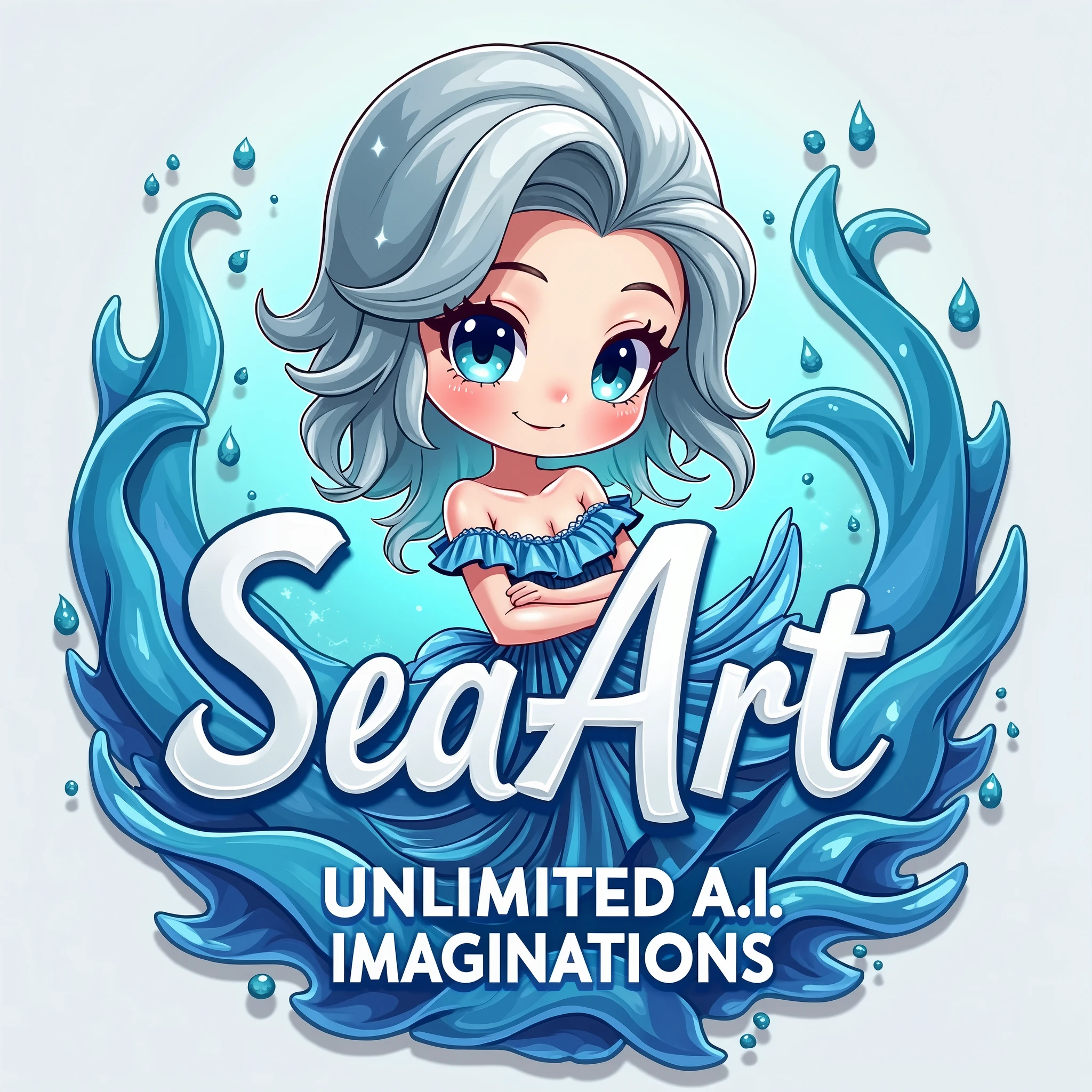 Imagine a vibrant typography poster featuring a pin-up style Undine, designed to be cute but clearly a young adult, integrated with the dynamic Seaart logo, visualized as flowing water. The Seaart logo is fluid and bold, with twisting, animated waves that sparkle with bright, magical highlights.

Undine has a cute, yet mature pin-up design. Her silver-blue hair is styled in soft, playful waves that frame her face, giving her a youthful but refined look. Her outfit is cute but age-appropriate—a flowing, fantasy-inspired dress with ruffled layers and water-like patterns, featuring modest coverage while still playful and flirty. The design evokes a sense of elegance and charm, avoiding any childish elements, while her body language conveys confidence and grace typical of a young adult. She has large, expressive eyes and a friendly, inviting smile, striking a dynamic pose that adds to her mascot-like appeal without exaggerating any youthful features.

A futuristic anime-inspired typography, with slight ripple effects to match the water theme. A cool palette of blues, silvers, and teals, with vibrant highlights, adds energy and freshness to the composition.

This design combines Undine’s cute, approachable charm with a clear sense of maturity, blending seamlessly with the fluid, modern Seaart logo, emphasizing limitless creativity and A.I.-driven imagination.