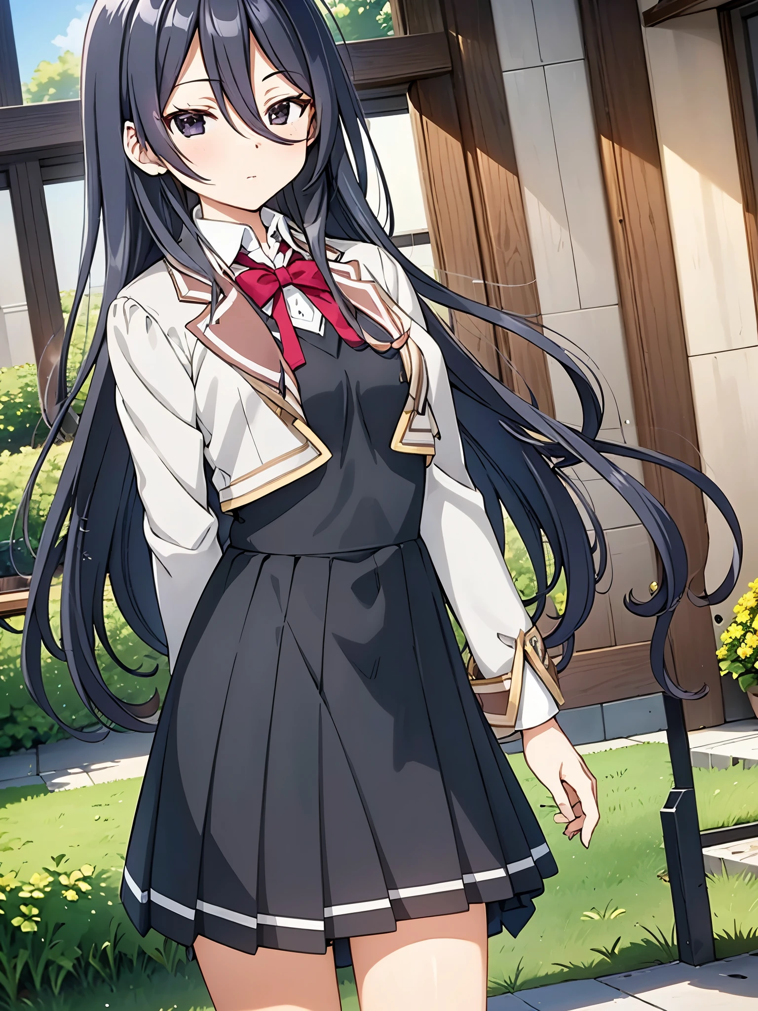 outdoors,nature,
solo, outlook, full body
AyanoKimishima,1girl,black hair,ahoge,long hair,black eyes,
school_uniform,gray jacket,red ribbon tie,
standing,school_uniform,gray jacket,red ribbon tie, black socks, illustratio, comic strip, soothing tones, Subdued Color, Soft cinematic light, adobe lightroom, photolab, HDR, intricately and hyper-detailed、(((depth of fieldasterpiece)))。(((top-quality))).)((ultra-detailliert)))。(((illustratio)))。(((takeout))).dynamic focus.((morning glow)).((the setting sun)), solo, anime, anime screencap, ray tracing, ultra resolution image, vivid color, cinematic light, lens flare, light on face, glow eyes, depth of field, happy, detailed background, cute, straight-on, dive dress, navel,