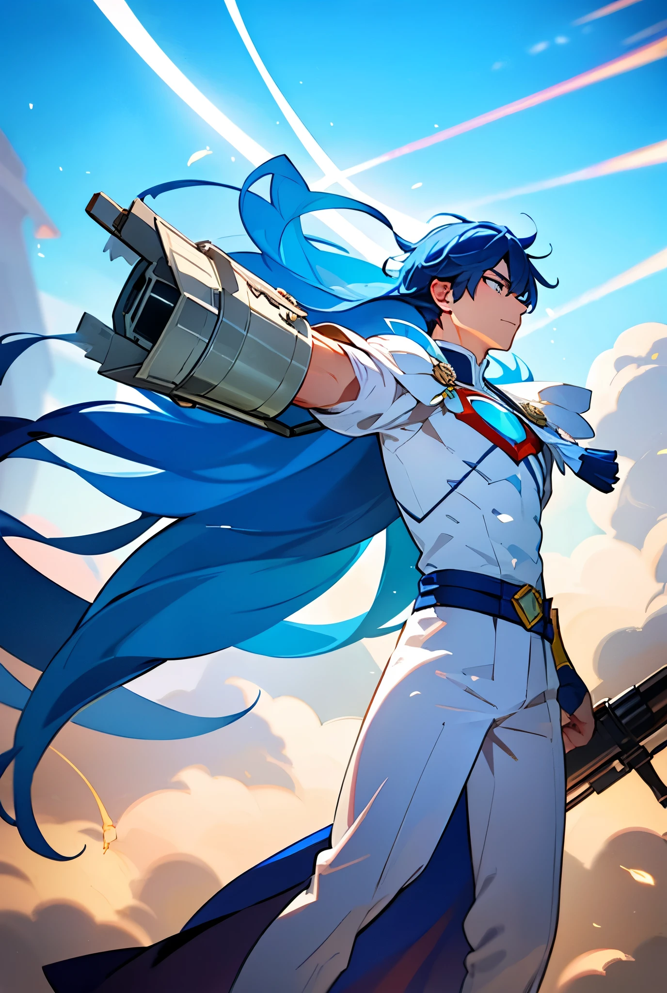 A superhero man in white clothes, with blue details, with blue hair and a wind-releasing cannon attached to his arm 