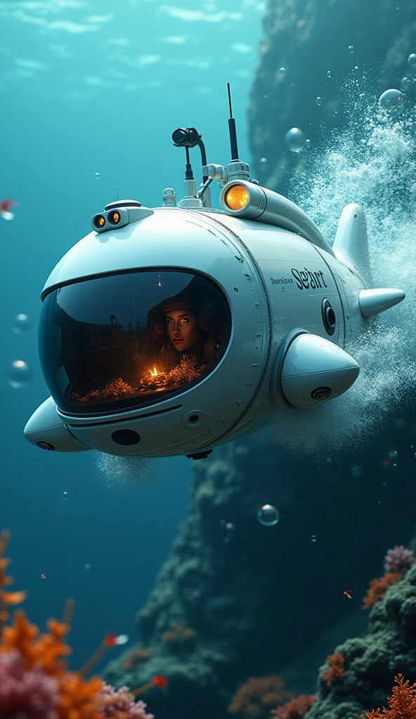 The futuristic high-end submarine is in the round ball shape of a pufferfish, its eyes are like large clear bright glass windows, on its fins there are antennas and submarine binoculars in ocean, there is ((logo of SeaArt on its body)), swimming in speed, speed motion blur, bubbles, 3D, realistic, as art mascot, depth of field, seaart logo, sea garden underneath, ((add photo frames and paintings on the canvas scattered below)), vibrant colors, uhd, hdr, 8k, rembrandt lighting