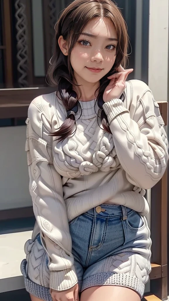 (middle-aged woman:1.2),(random pose),(random hairstyle),(Highest image quality,(8K), Ultra-realistic, Best Quality, High quality, High Definition, high quality texture, high detailing, Beautiful detailed, fine detailed, extremely details CG, Detailed texture, realistic representation of face, masterpiece, presence),virgin destroyer sweater,black pantyhose,spread legs, smile, happy, (cable-knit:1.6)