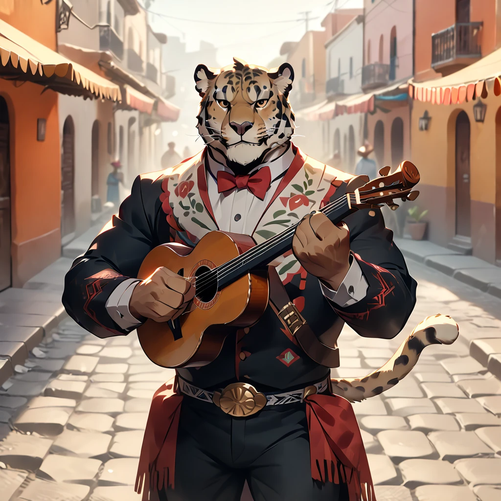 masterpiece, best quality, very aesthetic, absurdres, BREAK [face:full body:10], from above, mariachi, plump middle-aged mexican jaguar man, fluffy body, tail, brown eyes, beautiful beard, male face, big face, square jawline, male eyes, sharp eyes, big eyes, male eyebrows, innocent look, BREAK happy, light smile, standing, musical performance, BREAK [simple background::12], mexican street, outdoor, 