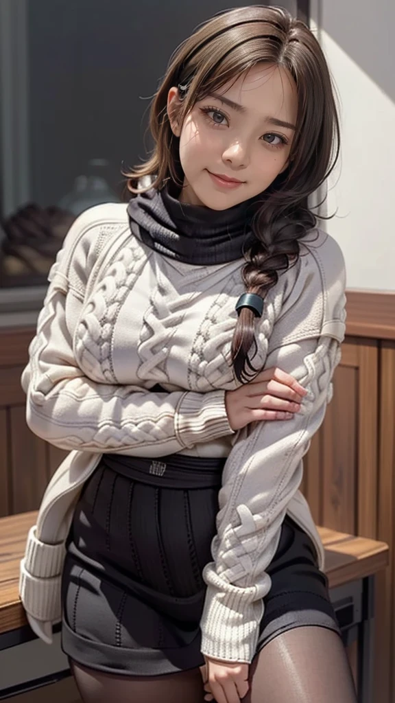 (middle-aged woman:1.2),(random pose),(random hairstyle),(Highest image quality,(8K), Ultra-realistic, Best Quality, High quality, High Definition, high quality texture, high detailing, Beautiful detailed, fine detailed, extremely details CG, Detailed texture, realistic representation of face, masterpiece, presence),virgin destroyer sweater,black pantyhose,spread legs, smile, happy, (cable-knit:1.6)