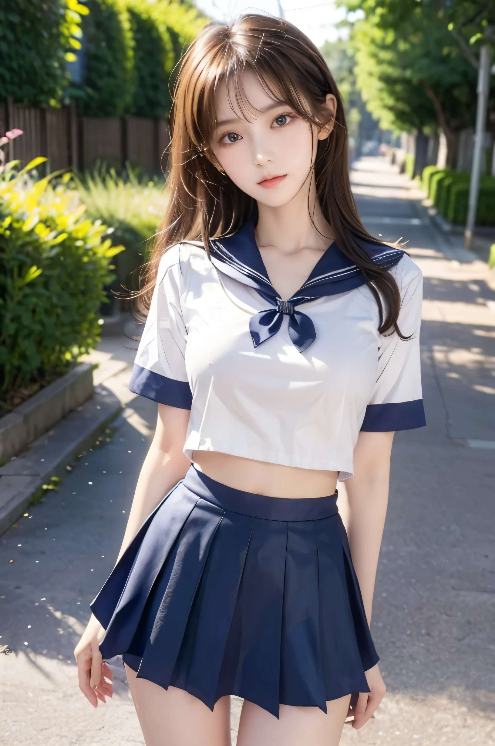 (Ultra HD), (Looking at me), (The whole body is shown), (Short-sleeved sailor uniform, Navy blue mini skirt), Big Breasts, Super beautiful breasts, Slender, (Thin legs:1.2), (Thin thighs:1.2), (Thin Hips:1.4), (Beautiful Skin, Shiny skin, White skin), (Super slim face, Super beautiful face, No makeup, Smile:0.6), (Light Brown, Long Hair, Layered Cut, Fluffy hair), (Big eyes:1.4, High corners of the eyes:1.4, Double eyelids), (Thin eyebrows:0.1), (Small Nose:0.6), (Thin lips:0.6), Standing, In front of the school gate