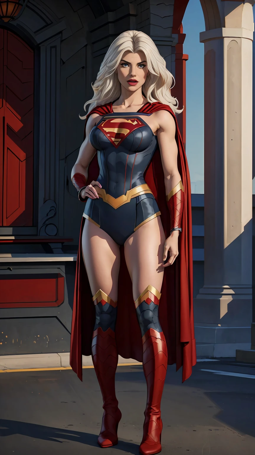 ((Full body shot, standing, feet on the ground)) (best quality, 4k, 8k, high resolution, masterpiece: 1.2), ultra-detailed, fishnets, (realistic, photorealistic, photorealistic: 1.37 ), full body photo, supergirl, high boots, silver red, beauty pose, standing, shoulder pads, arms showing, bracelets, show feet, outside, light background, red uniform, black and white , heroine cape, voluminous hair, hand on waist, heroine pose, dominatrix

