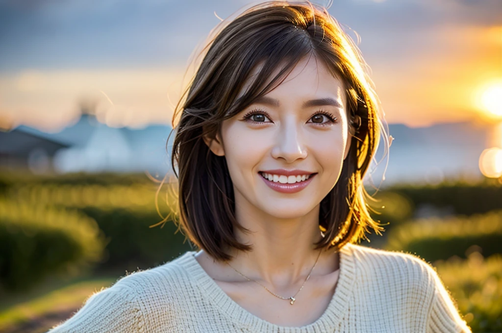 (masterpiece:1.3), (8k, Photorealistic, RAW Photos, Best image quality: 1.4), Japanese 、(Random Hairstyles:1.2)、Cleavage:1.2、Super detailed face、Eye on the details、double eyelid、Chest to chest、Sharp focus:1.2、Beautiful woman:1.4、Light brown hair、Highest quality、masterpiece、Ultra-high resolution、(Photorealistic:1.4)、Highly detailed and professionally lit smiles、Loose, lightweight knitwear、Shoulder out、thin、Serious expression、Short Hair、Deadly position、Provocative Clothing