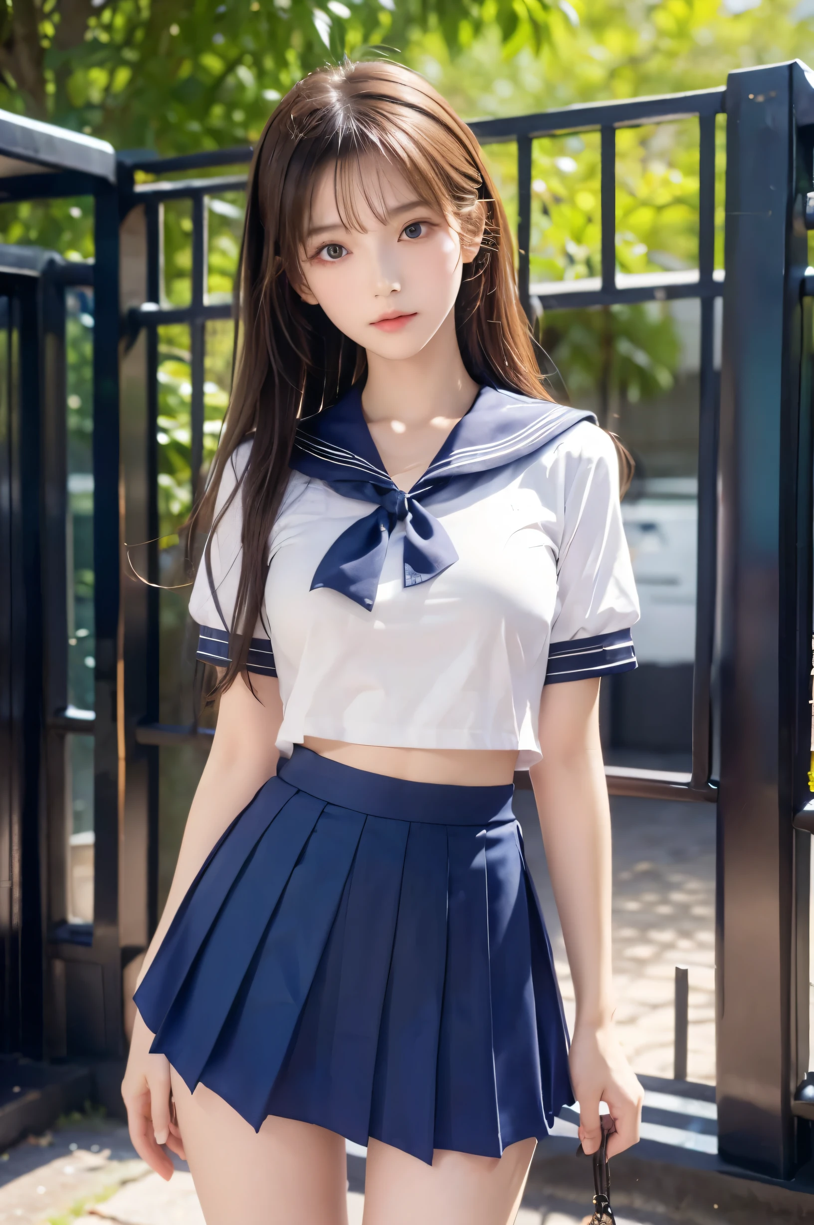 (Ultra HD), (Looking at me), (The whole body is shown), (Short-sleeved sailor uniform, Navy blue mini skirt), Big Breasts, Super beautiful breasts, Slender, (Thin legs:1.2), (Thin thighs:1.2), (Thin Hips:1.4), (Beautiful Skin, Shiny skin, White skin), (Super slim face, Super beautiful face, No makeup, Smile:0.6), (Light Brown, Long Hair, Layered Cut, Fluffy hair), (Big eyes:1.4, High corners of the eyes:1.4, Double eyelids), (Thin eyebrows:0.1), (Small Nose:0.6), (Thin lips:0.6), Standing, In front of the school gate