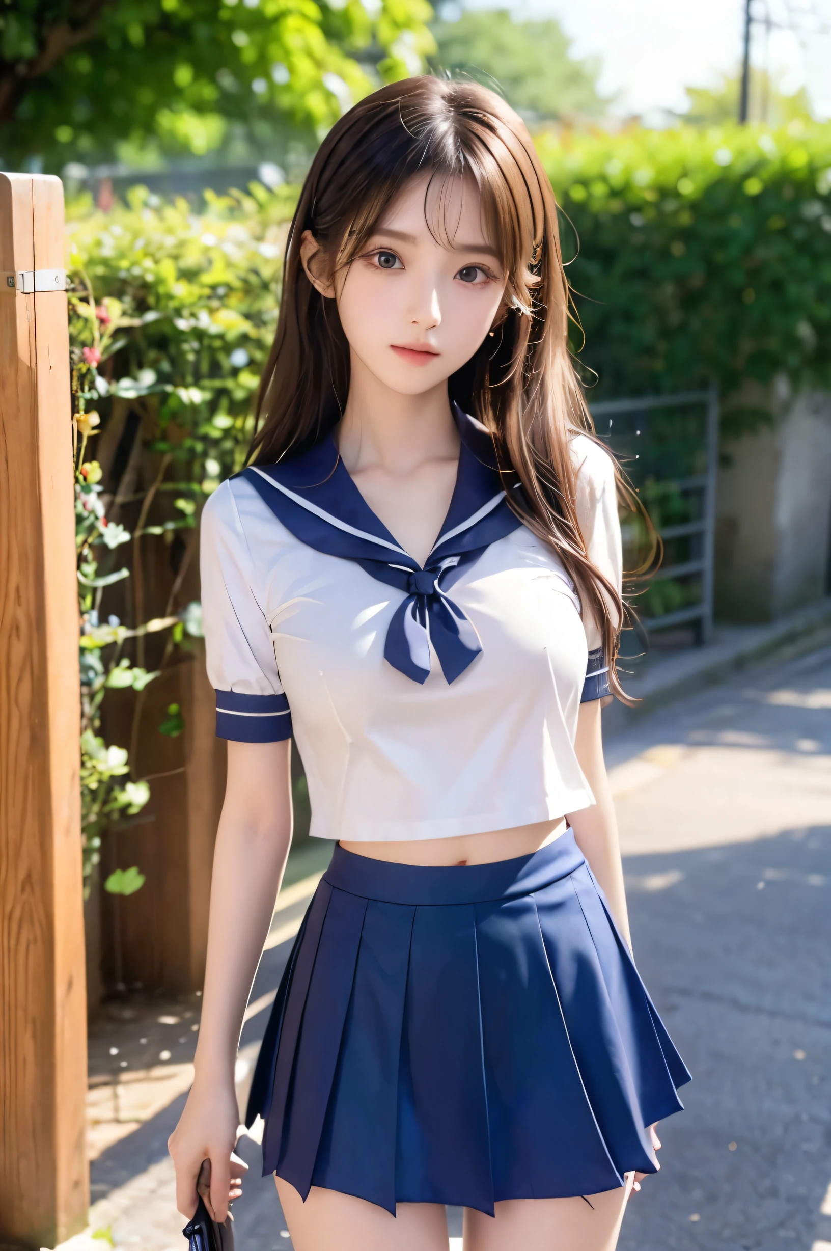 (Ultra HD), (Looking at me), (The whole body is shown), (Short-sleeved sailor uniform, Navy blue mini skirt), Big Breasts, Super beautiful breasts, Slender, (Thin legs:1.2), (Thin thighs:1.2), (Thin Hips:1.4), (Beautiful Skin, Shiny skin, White skin), (Super slim face, Super beautiful face, No makeup, Smile:0.6), (Light Brown, Long Hair, Layered Cut, Fluffy hair), (Big eyes:1.4, High corners of the eyes:1.4, Double eyelids), (Thin eyebrows:0.1), (Small Nose:0.6), (Thin lips:0.6), Standing, In front of the school gate