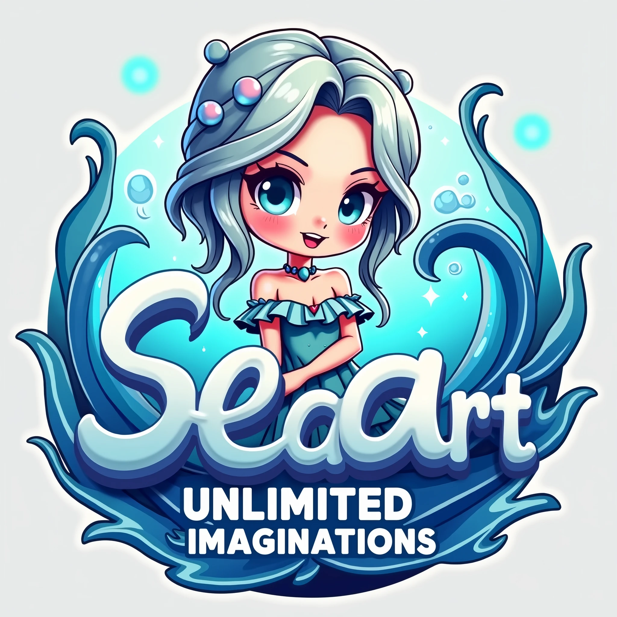 Imagine a vibrant typography poster featuring a pin-up style Undine, designed to be cute but clearly a young adult, integrated with the dynamic Seaart logo, visualized as flowing water. The Seaart logo is fluid and bold, with twisting, animated waves that sparkle with bright, magical highlights.

Undine has a cute, yet mature pin-up design. Her silver-blue hair is styled in soft, playful waves that frame her face, giving her a youthful but refined look. Her outfit is cute but age-appropriate—a flowing, fantasy-inspired dress with ruffled layers and water-like patterns, featuring modest coverage while still playful and flirty. The design evokes a sense of elegance and charm, avoiding any childish elements, while her body language conveys confidence and grace typical of a young adult. She has large, expressive eyes and a friendly, inviting smile, striking a dynamic pose that adds to her mascot-like appeal without exaggerating any youthful features.

A futuristic anime-inspired typography, with slight ripple effects to match the water theme. A cool palette of blues, silvers, and teals, with vibrant highlights, adds energy and freshness to the composition.

This design combines Undine’s cute, approachable charm with a clear sense of maturity, blending seamlessly with the fluid, modern Seaart logo, emphasizing limitless creativity and A.I.-driven imagination.