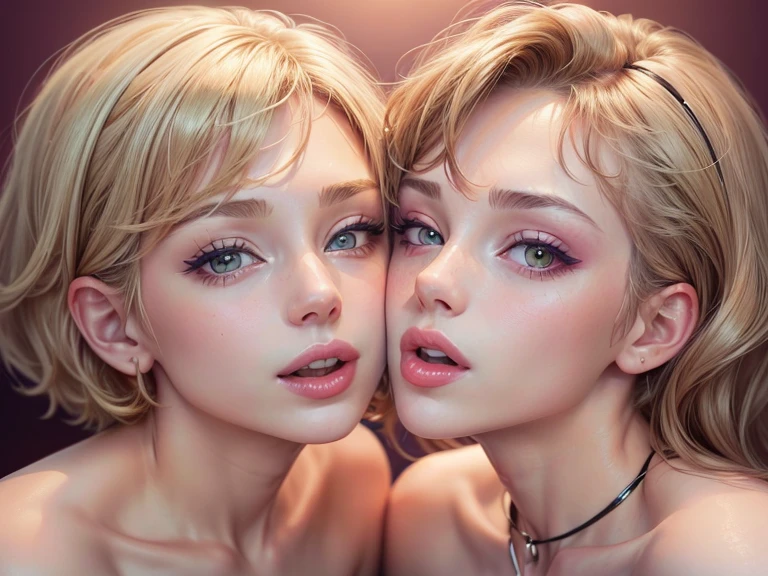 ((masterpiece)), ((best quality)), (detailed), perfect, solo, two-headed billieeilish, a woman, gorgeous woman, luscious lips, black hair, blonde hair, blue eyes, ((extremely detailed eyes)), eyes closing, deep cleavage, sexy, (two heads, conjoined_dicephalus), (kissing:1.45), (completely naked:1.3), (perfect round breasts:1.3), perfect proportions, perfect body, blushing, extremely aroused, lying on a couch on her side, ((close-up:1.3)), falling asleep, yawning, ((focus on faces:1.3)), ((cheeks rubbing together:1.3)), massive breasts