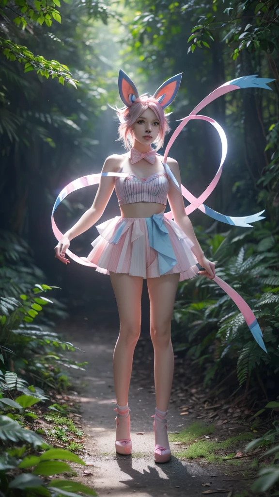 A pretty sylveon human hybrid, white pink and blue stripes, pokemon, sylveon human hybrid, full body shot, wide shot, in the forest, highly detailed, hyperrealistic, 8k, photorealistic, cinematic lighting, volumetric lighting, vibrant colors, fantasy, magical, ethereal, mystical