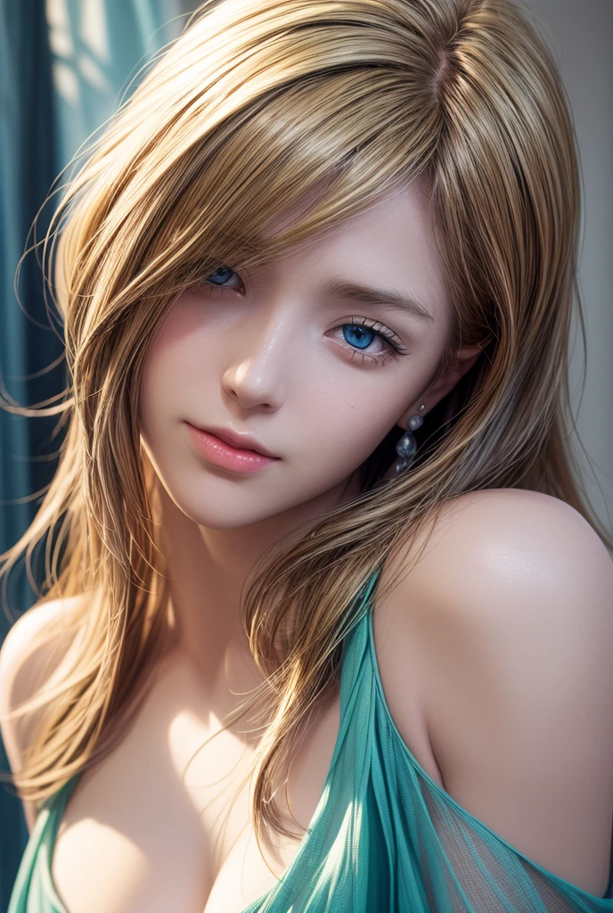 1girl,beautiful detailed young woman, long blonde hair, gorgeous blue eyes, warm smile, jewelry, revealing outfit, large breasts, gazing directly at viewer,(best quality,4k,8k,highres,masterpiece:1.2),ultra-detailed,(realistic,photorealistic,photo-realistic:1.37),depth of field,portrait photography,fujifilm,fujicolor,vivid colors,HDR,UHD,studio lighting,ultra-fine painting,sharp focus,physically-based rendering,extreme detail description,professional