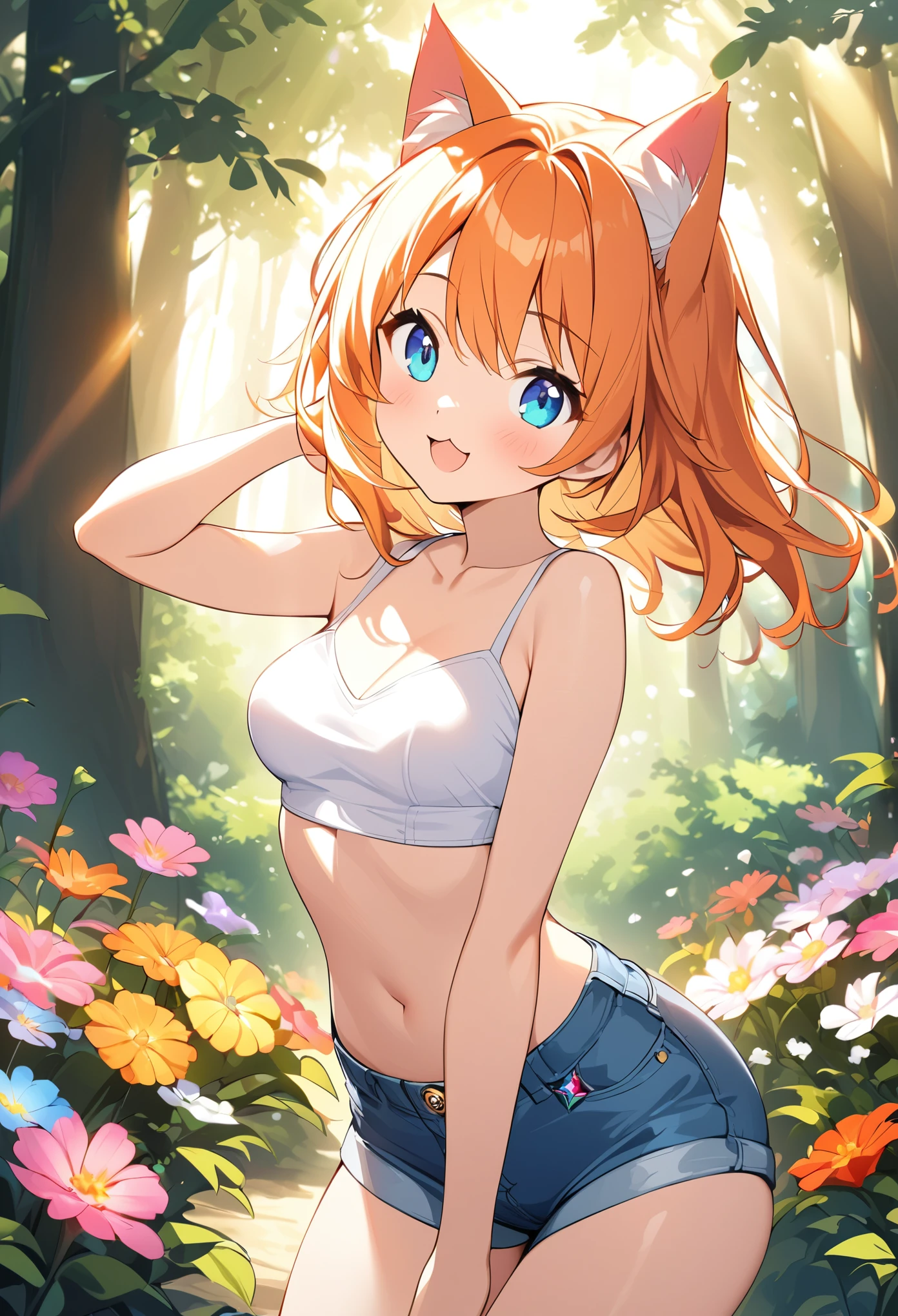 Young girl、Very cute、small、Firm breasts、Denim hot pants、Orange Hair、High quality backgrounds、Forest with sunlight shining through、Colorful flowers、Vision、Cheerful attitude、Cat ears、Cat&#39;s tail