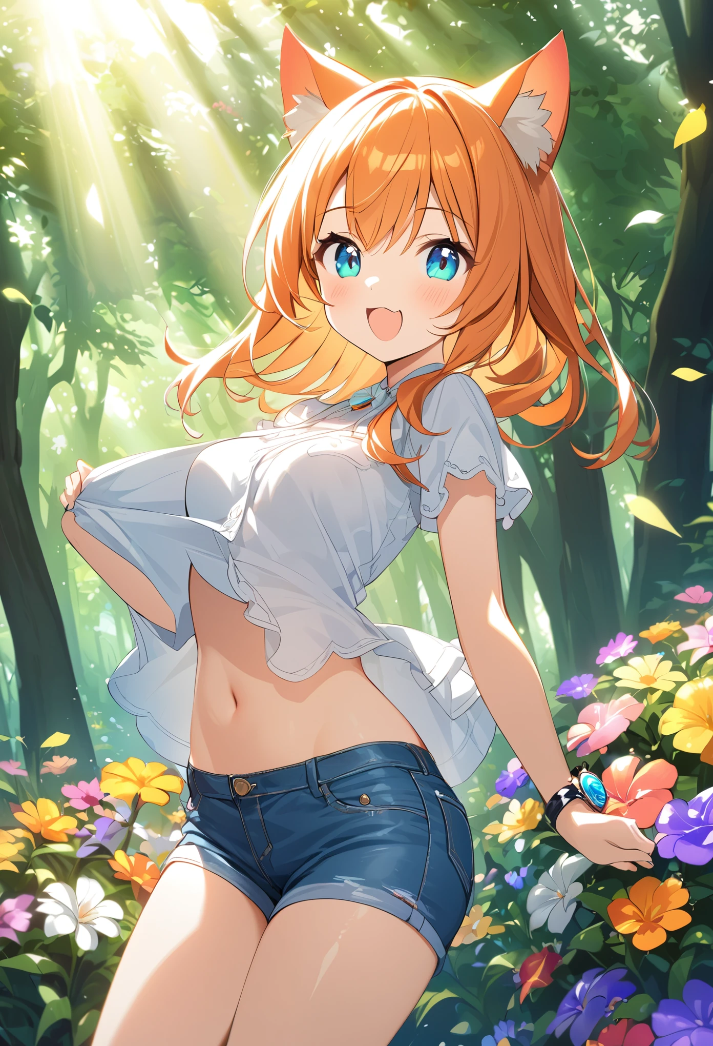 Young girl、Very cute、small、Firm breasts、Denim hot pants、Orange Hair、High quality backgrounds、Forest with sunlight shining through、Colorful flowers、Vision、Cheerful attitude、Cat ears、Cat&#39;s tail