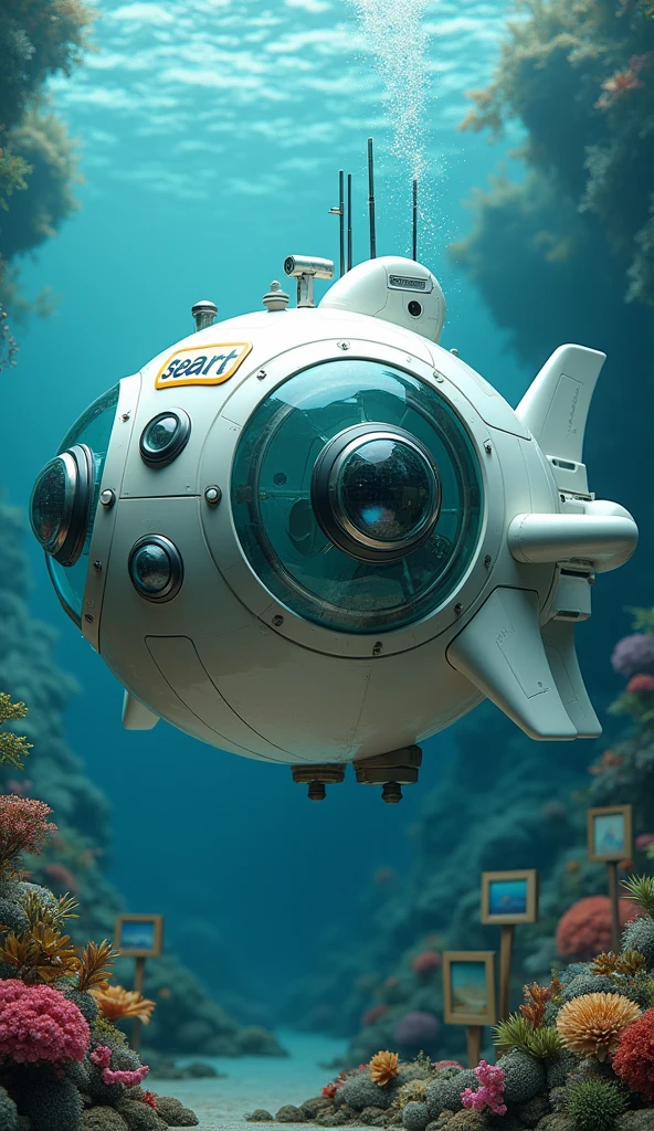 The futuristic high-end submarine is in the round ball shape of a pufferfish, its eyes are like large clear bright glass windows, on its fins there are antennas and submarine binoculars in ocean, there is ((logo of SeaArt on its body)), swimming in speed, speed motion blur, bubbles, 3D, realistic, as art mascot, depth of field, seaart logo, sea garden underneath, ((add photo frames and paintings on the canvas scattered below)), vibrant colors, uhd, hdr, 8k, rembrandt lighting