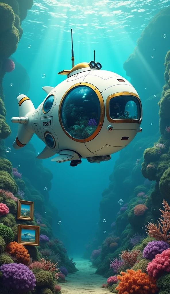 The futuristic high-end submarine is in the round ball shape of a pufferfish, its eyes are like large clear bright glass windows, on its fins there are antennas and submarine binoculars in ocean, there is ((logo of SeaArt on its body)), swimming in speed, speed motion blur, bubbles, 3D, realistic, as art mascot, depth of field, seaart logo, sea garden underneath, ((add photo frames and paintings on the canvas scattered below)), vibrant colors, uhd, hdr, 8k, rembrandt lighting