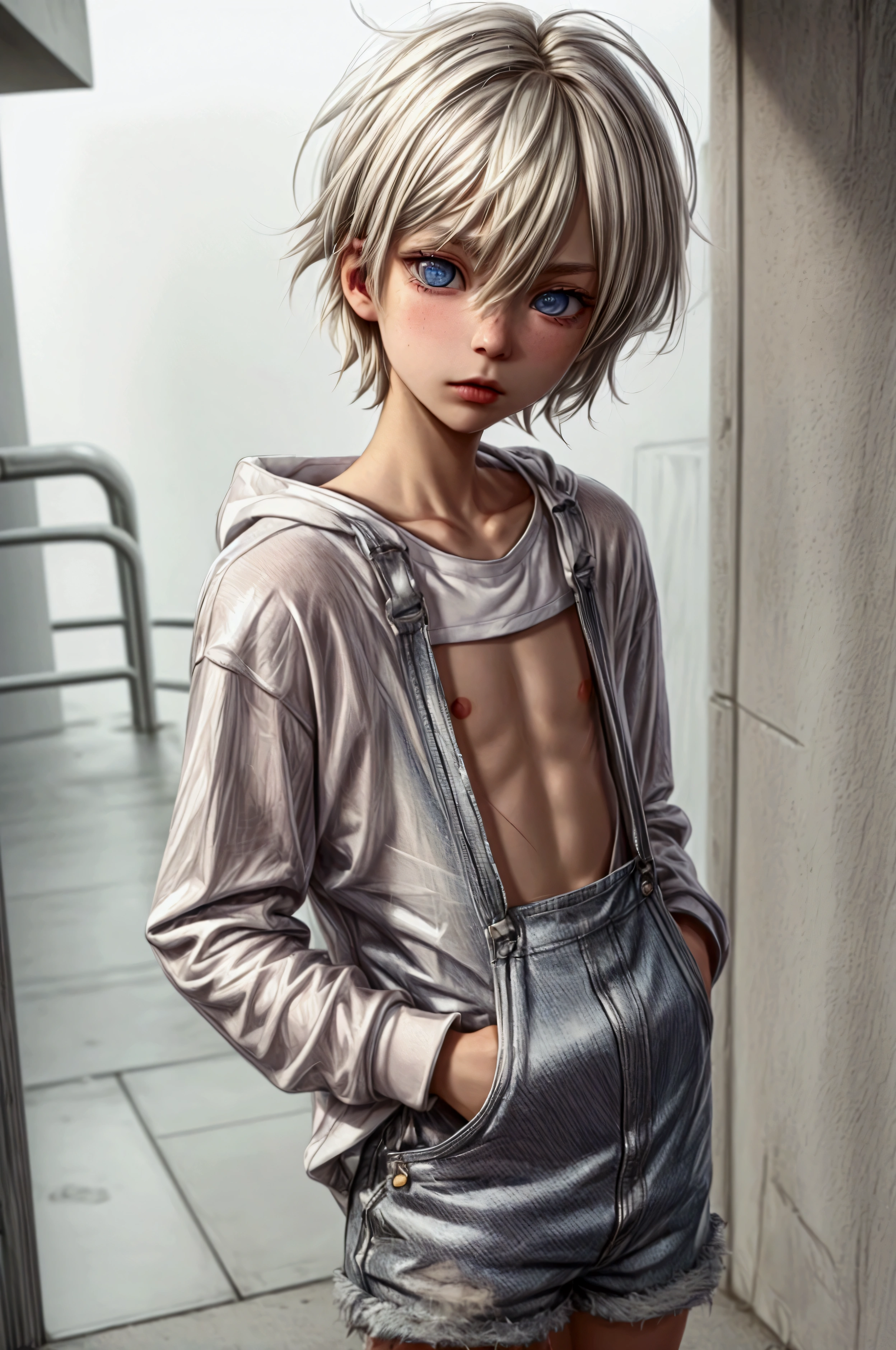 Anime style, Highres, Masterpiece, Best quality at best, Best Quality, hight quality, hight detailed, 1boy, (), boy, blonde boy, blond Hair, perfect boy body, cute boy, detailed light blue eyes, detailed eyes, short hair, messy hair, pastel rainbow inner hair color mesh, Neutral Facial Features, boy flirty posing, wears a unicorn color transparent t-shirt, black open zipper hoodie, hoodie over a cheeky overalls shorts, overalls, jean overalls, cuffed overalls, boy chest, silver necklace with a pastel pink heart, boy chest, beautiful long legs, rainy afternoon on the street, highest quality,