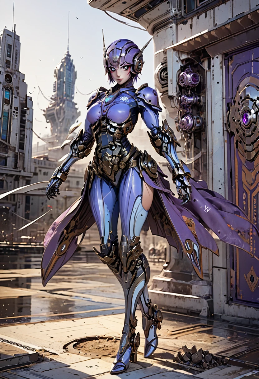 1girl, Solo,perfect face, perfect eyes, purple hair, sexy pose, wearing cybernetic  mecha armor, very detailed armor, rust and dirty armor, mechanical parts, perfect body, big breast, ruined city background, 