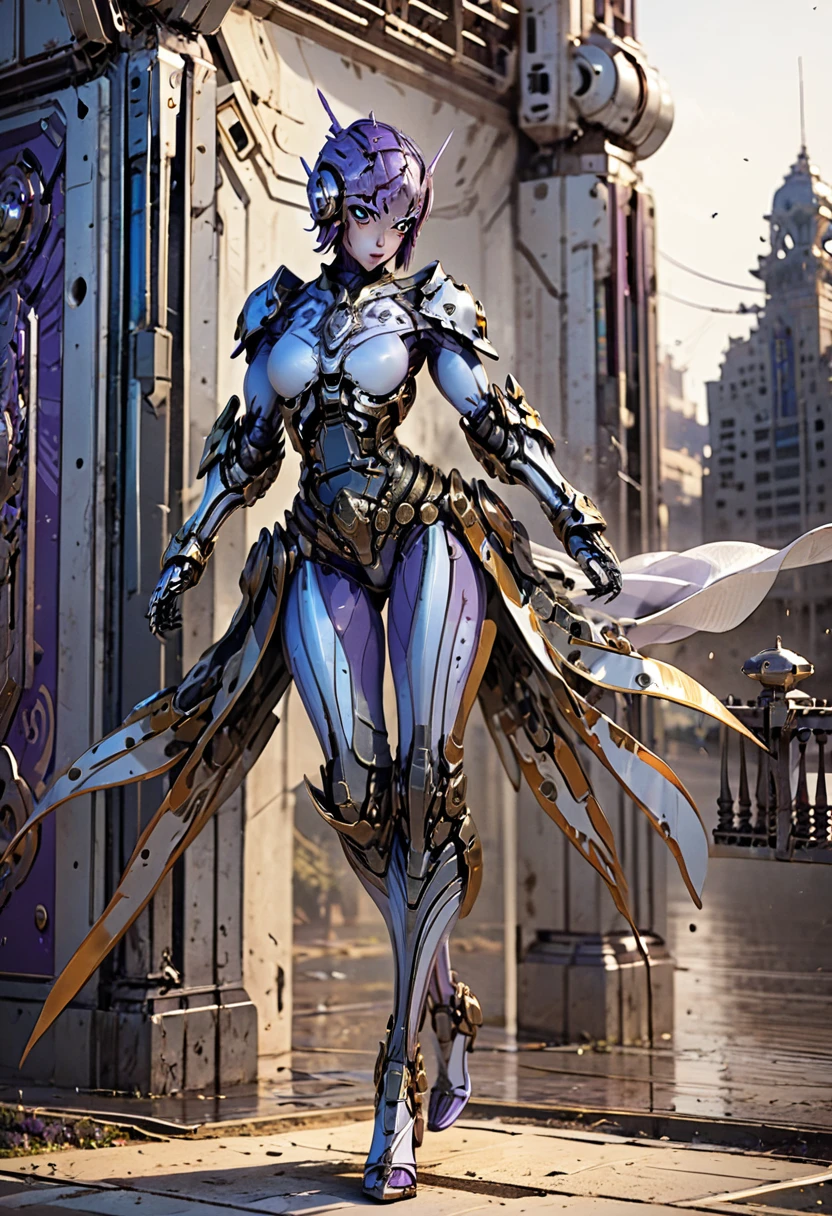 1girl, Solo,perfect face, perfect eyes, purple hair, sexy pose, wearing cybernetic  mecha armor, very detailed armor, rust and dirty armor, mechanical parts, perfect body, big breast, ruined city background, 