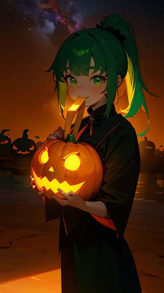 ****ung girl、Orange Hair、Glowing green eyes、Side Ponytail、jack o lantern、halloween、smile、Eating French Fries、Colorful starry sky、Iridescent aura、Orange and green colour scheme、Outdoor、Shadow lighting