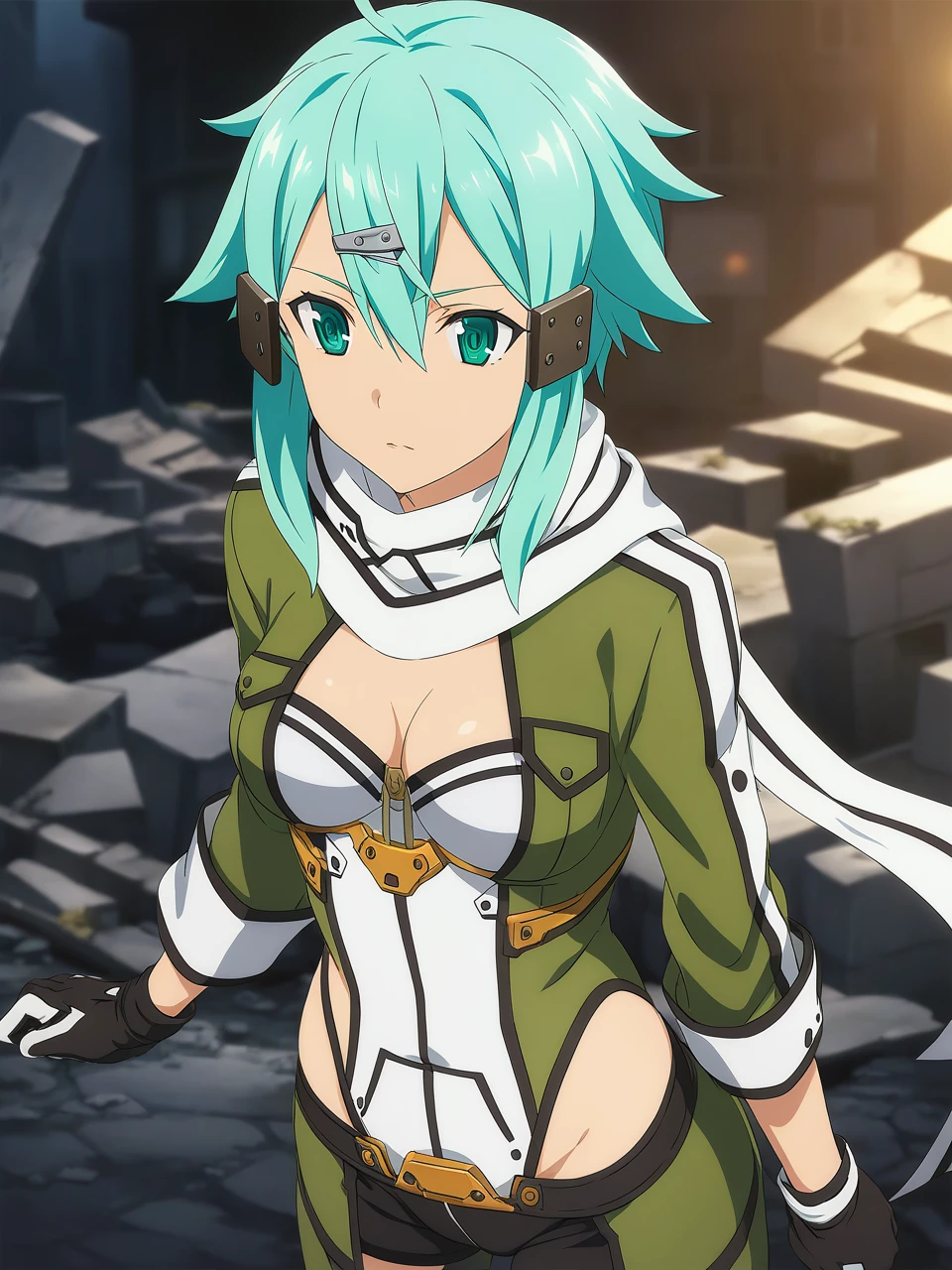 sinonggo, aqua eyes, short hair, aqua hair, sidelocks, hair between eyes, hairclip, hair ornament, green jacket, leotard, scarf, black shorts, gloves, long sleeves, medium breasts, 1girl, solo
BREAK
urban battlefield, ruins, night sky, depth of field, cinematic, game cg, anime screencap, official art, masterpiece, best quality, full body shot
