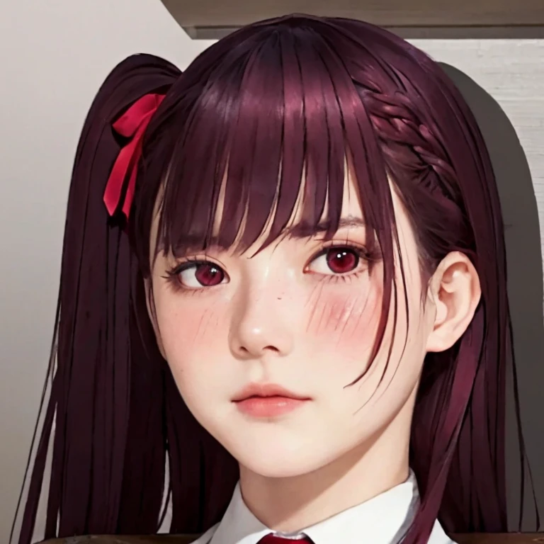 young woman, Alone, looking at the viewer, (realistic:1.4), (WA2K:1.0), red eyes, shirt, jacket, red tie, (burgundy hair color), braid, (one side up:1.2), (Hair band), (blush, ashamed), (detailed, ultra-detailed, high detailed, ultra realistic 8k CG, Perfect work of art, high quality), wooden table, flores, interior