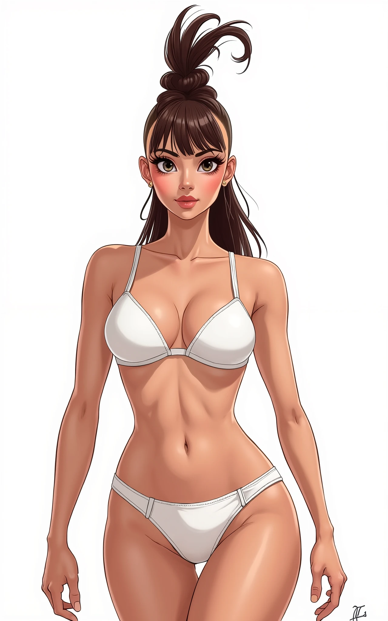 a very small bikini girl, 18 years old japanese beautiful model, white bikini, detailed face, beautiful eyes, beautiful lips, long eyelashes, detailed skin, perfect body, slender figure, graceful pose, serene expression, warm lighting, soft focus, film grain, professional studio photography