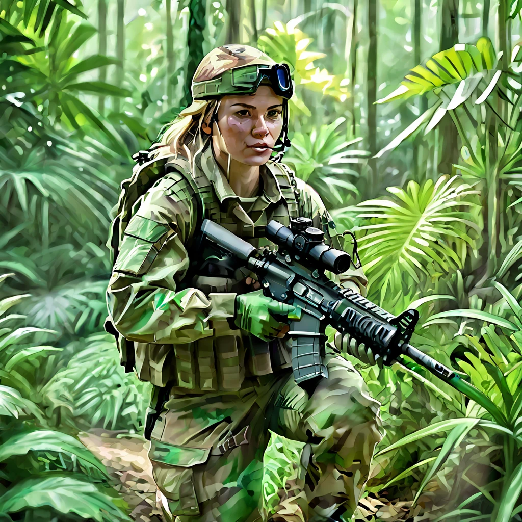 (Female soldier in light combat uniform:1.5)、Stealth Infantry Combat Group、Multiple invisible female soldiers、Blurred body outline、Point a sniper rifle at the viewer、(Real、Photorealistic Style)、Dense forest、Hidden in the lush jungle、Her face is painted with intricate patterns、Camouflaged in the jungle、Only the face and hands are visible、A dark jungle where the sunlight barely penetrates