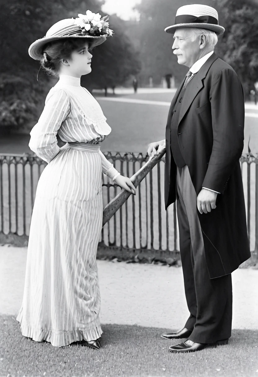 A gorgeous **** Gibson Girl (((seducing a horny 69yo gentleman))) in a park. Year 1902. (((1900_dr3ss))). Short girl with an hourglass figure wearing an elegant Edwardian outfit and a flower-brimmed hat, large tits, wasp waist, massive ass. Man wearing a three-piece suit and strawboater. Young girl and old man. (((Man taller than girl)))