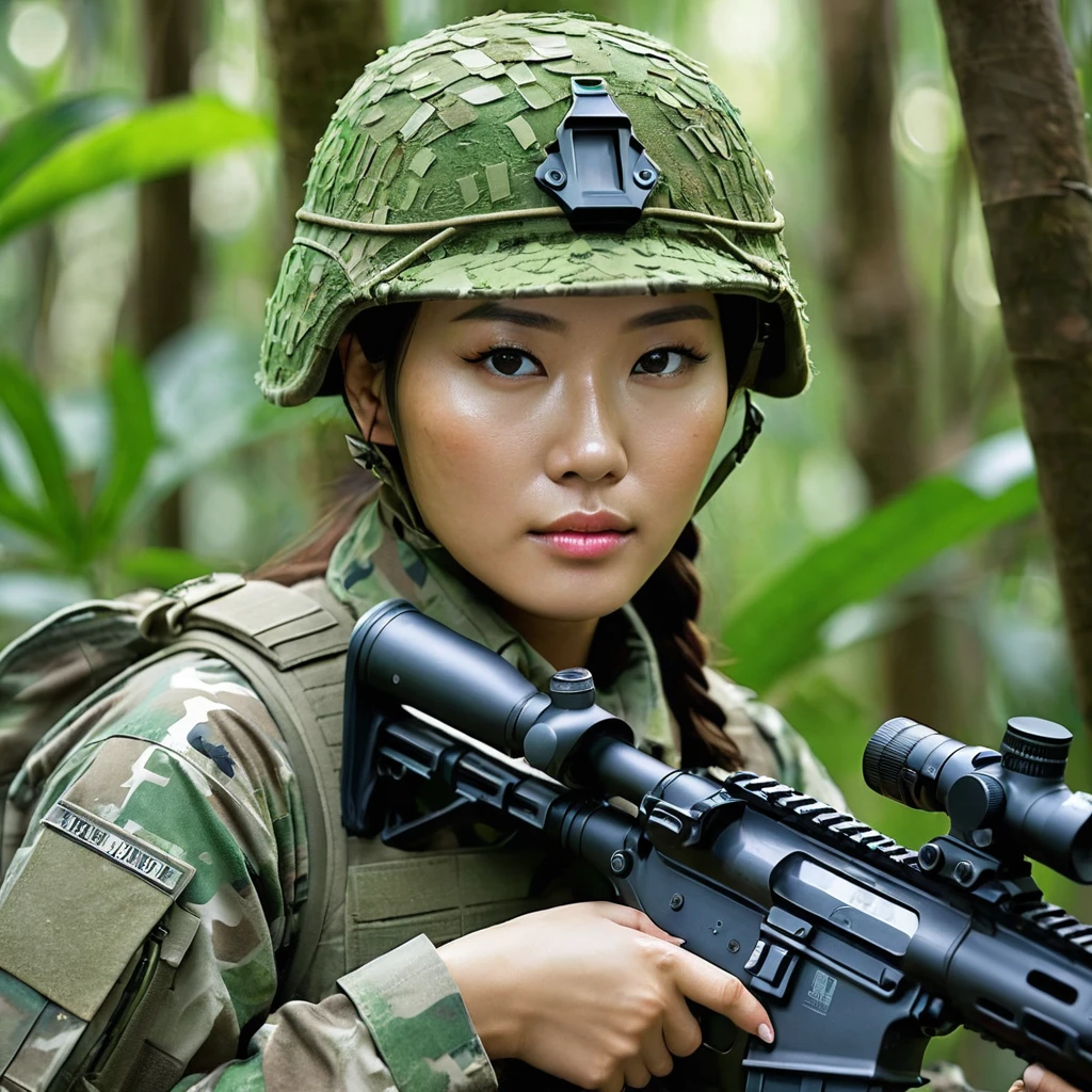 ((A female soldier with camouflage paint on her naked body:1.5))、Stealth Infantry Combat Group、Invisible female soldiers、The outline of the body is blurred and unclear、He pointed the muzzle of his sniper rifle at me and glared at me.、((Realistic、Real Photo Style))、Dense Jungle、Hiding in the dense jungle、Apply detail paint to face、Assimilating into the jungle、The face and hands are barely visible.。It&#39;s dark because the sunlight doesn&#39;t reach the deep jungle.。