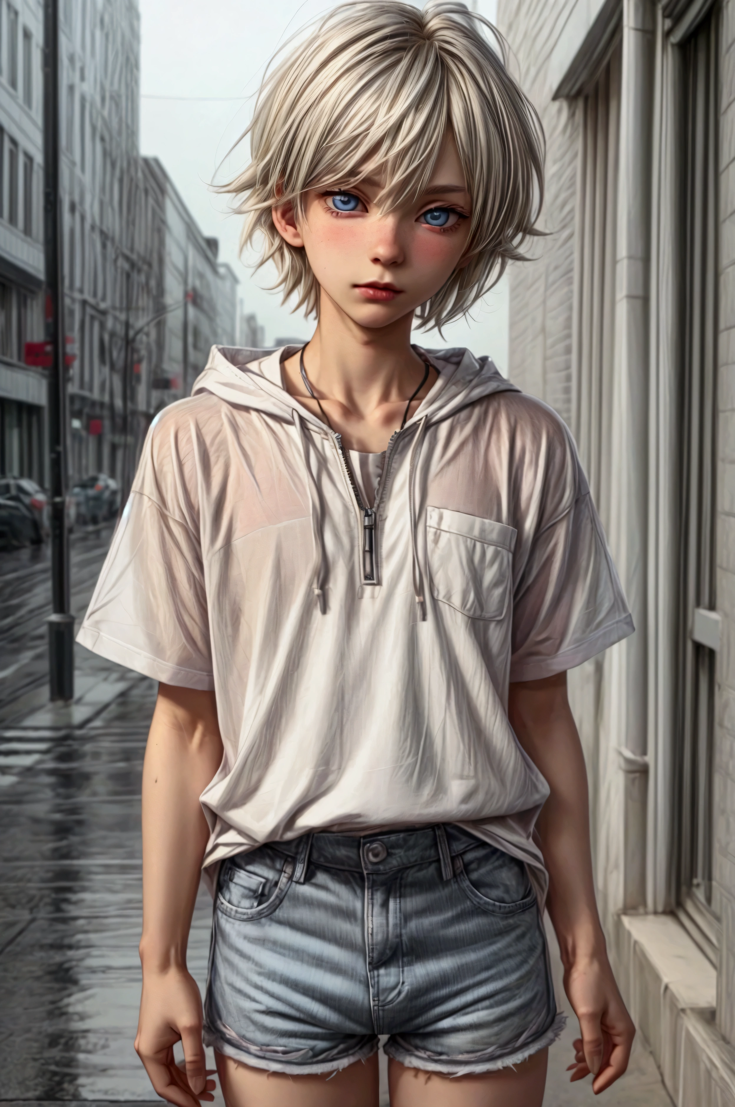 Anime style, Highres, Masterpiece, Best quality at best, Best Quality, hight quality, hight detailed, 1boy, (), boy, blonde boy, blond Hair, perfect boy body, cute boy, detailed light blue eyes, detailed eyes, short hair, messy hair, pastel rainbow inner hair color mesh, Neutral Facial Features, boy flirty posing, wears a unicorn color transparent t-shirt, black open zipper hoodie, silver necklace with a pastel pink heart, boy chest, detailed too very short mini blue jean shorts, beautiful long legs, rainy afternoon on the street, highest quality,