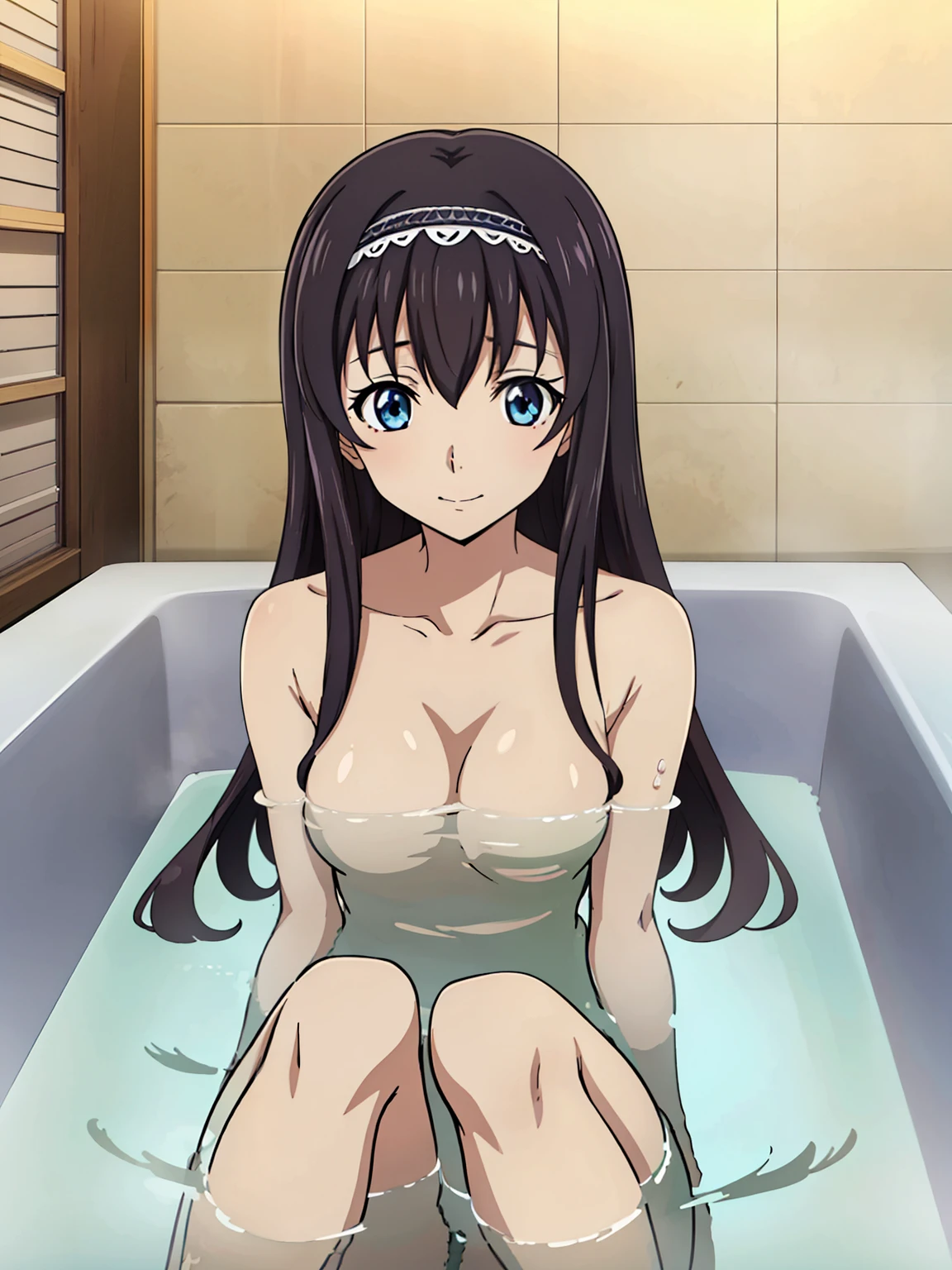 Girl in a bathtub, (bathing in the bathtub:1.1), 　Wistful eyes,　Black Hair,Long Hair,blue eyes,bangs, ((髪band)), Animeセル画スタイル,masterpiece, Best Quality, Very detailed, a Anime女の子, a girl, nude, Naughty anime style, Anime, Naughty style, Naughty, Digital anime art!!, Anime Style, Official artwork, Visual Novel CG, 美しいAnime, Anime Style 4k