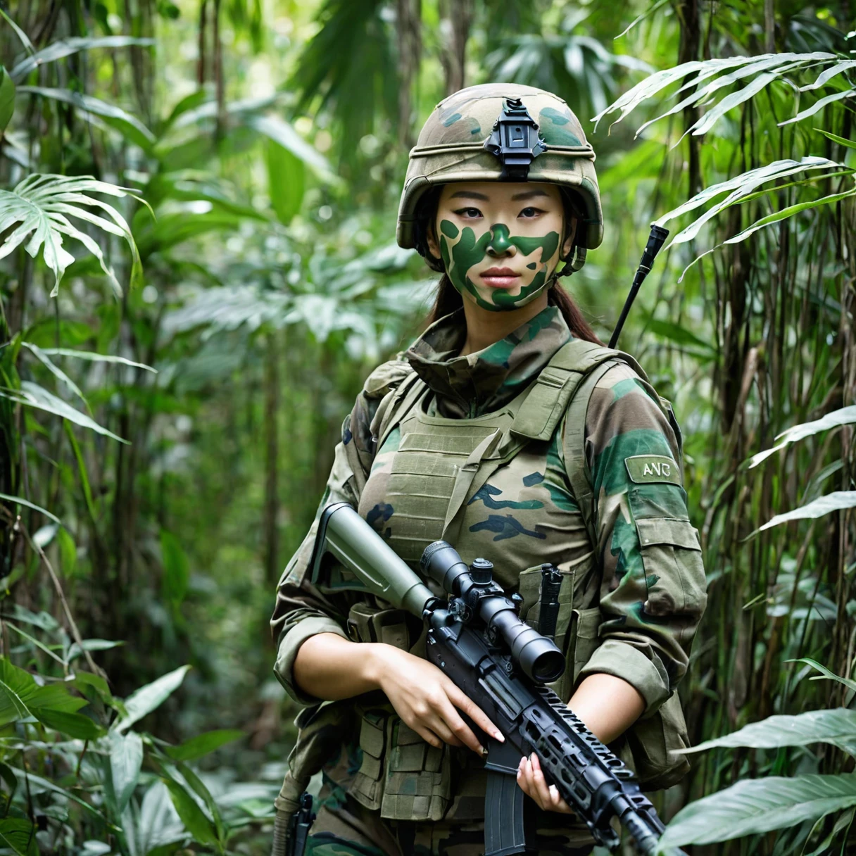 ((Several female soldiers with camouflage paint on their naked bodies:1.5))、Stealth Infantry Combat Group、Invisible female soldiers、The outline of the body is blurred and unclear、He pointed the muzzle of his sniper rifle at me and glared at me.、((Realistic、Real Photo Style))、Dense Jungle、Hiding in the dense jungle、Apply detail paint to face、Assimilating into the jungle、The face and hands are barely visible.。It&#39;s dark because the sunlight doesn&#39;t reach the deep jungle.。